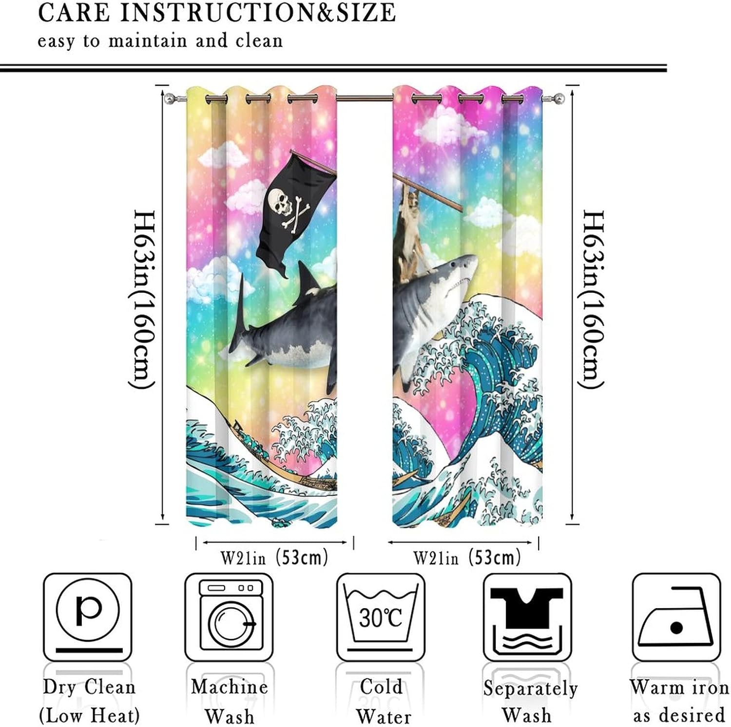 Funny Shark Dog Blackout Curtains for Bedroom,Fantasy Rainbow Colorful Sky Japnese Great Wave Print Grommet Thermal Insulated Room Darkening Curtains Window Curtains 2 Panels 63L x 21W