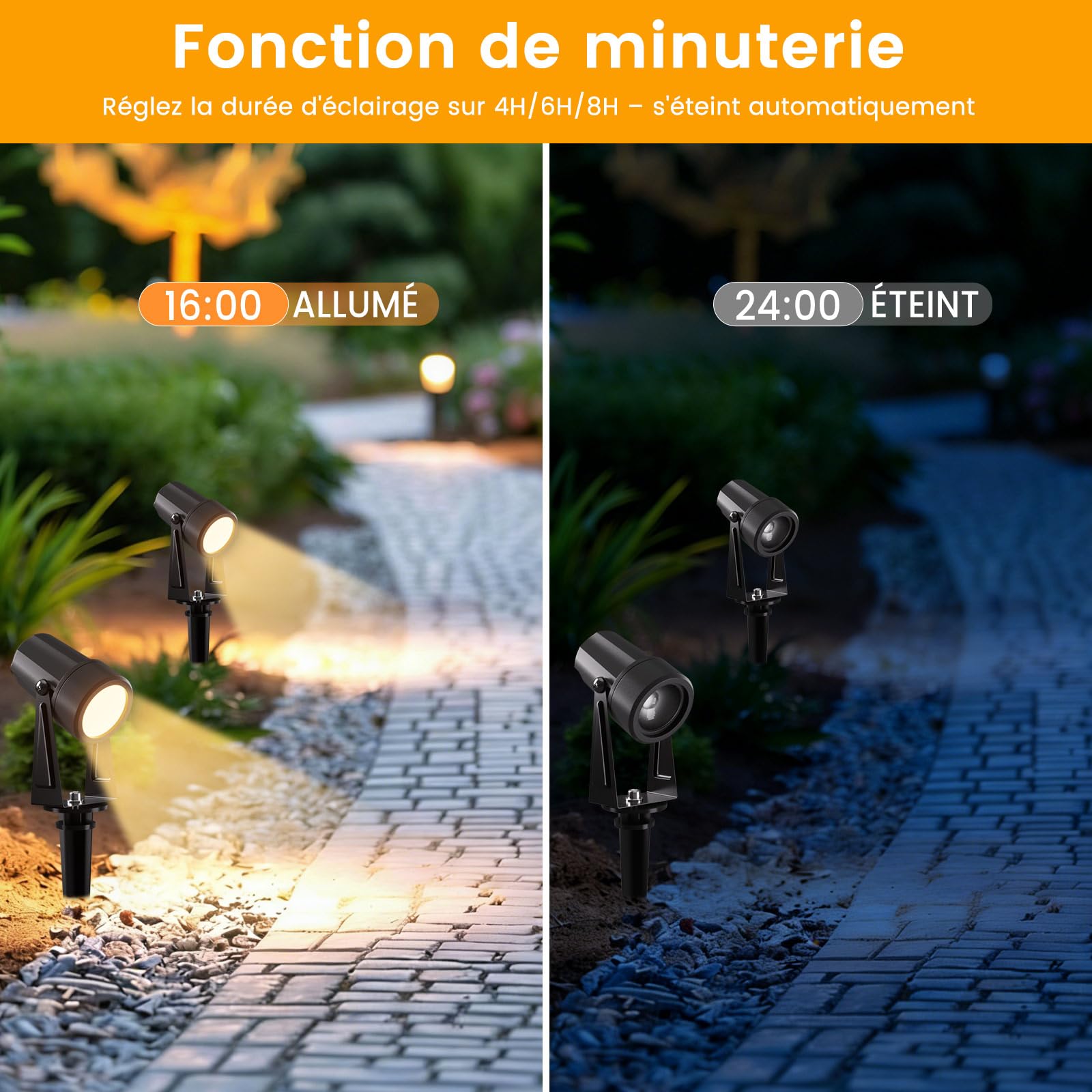 Projecteurs LED Extérieurs IP65 17M 3W*4 3000K Blanc Chaud avec Télécommande et Minuterie