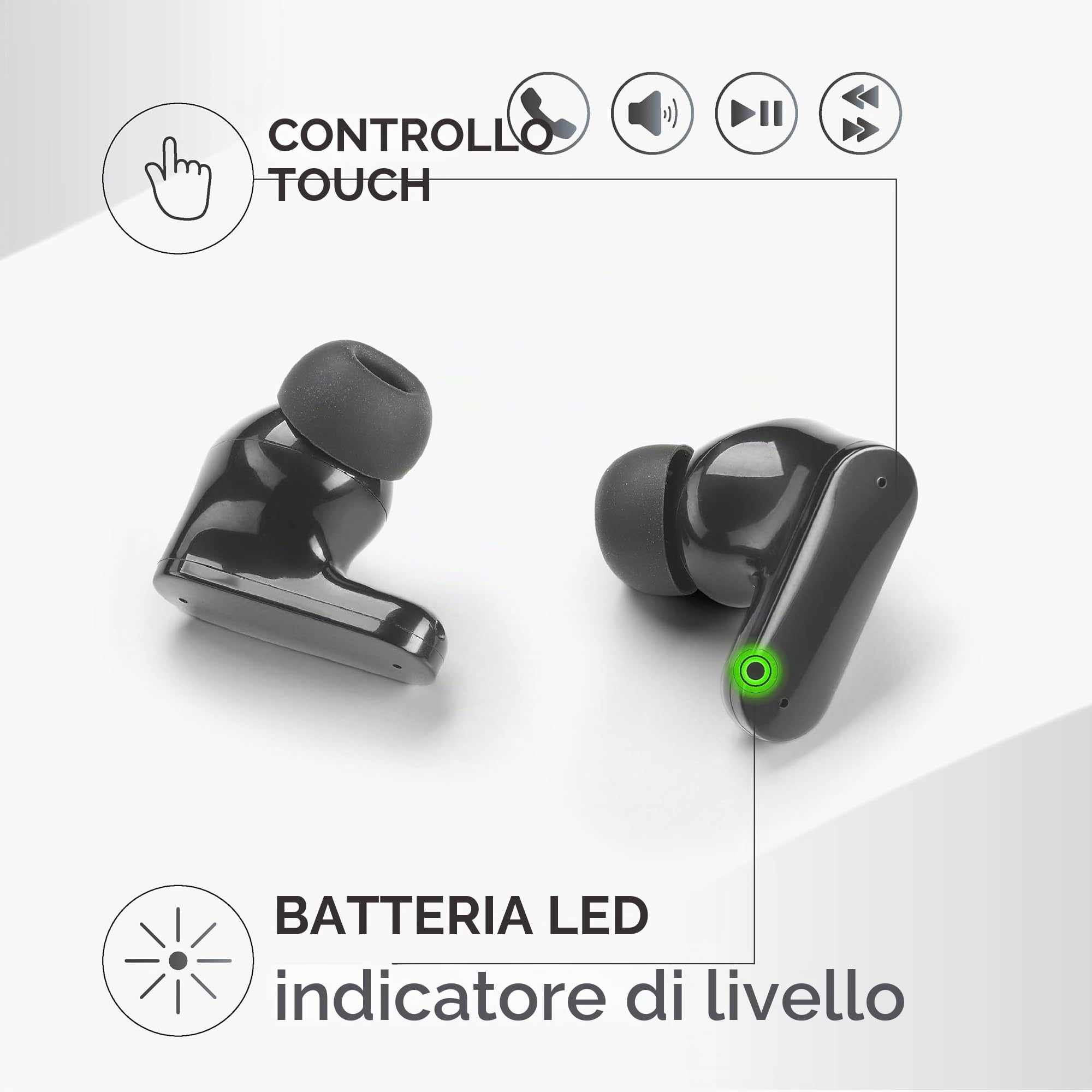Music Sound – Auricolari TWS Bluetooth SHIELD – Wireless – Design In-Ear – Tecnologia ANC Active Noise Cancelling - Play Time 30 Ore – Modalità Trasparency – Nero
