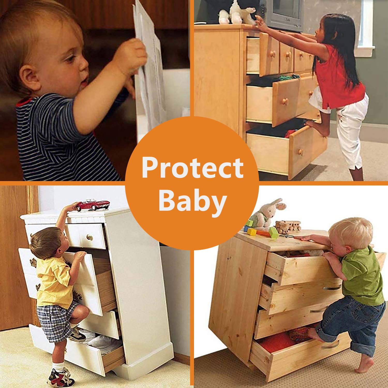 Confezione da 6 cinghie in metallo anti punta per mobili kit di prova per bambini, fissaggio a parete per mobili cinghie di sicurezza per libreria, armadietto, comò, argento e nero