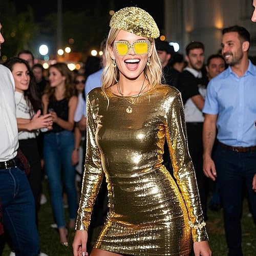 Miniatura 4 de sanderala Accesorios de discoteca de los años 70 para mujer, sombrero de lentejuelas de silicona, lentes de sol, aretes, collar, pulsera, kit de