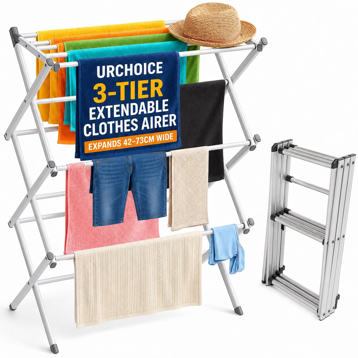 UR CHOICE 3-Tier Clothes Airer Drying Rack, 12M Washing Line Airer with Foldable Racks, Indoor & Outdoor Clothes Dryer Airers, Space Saving Laundry Rack, Easy to Store, White