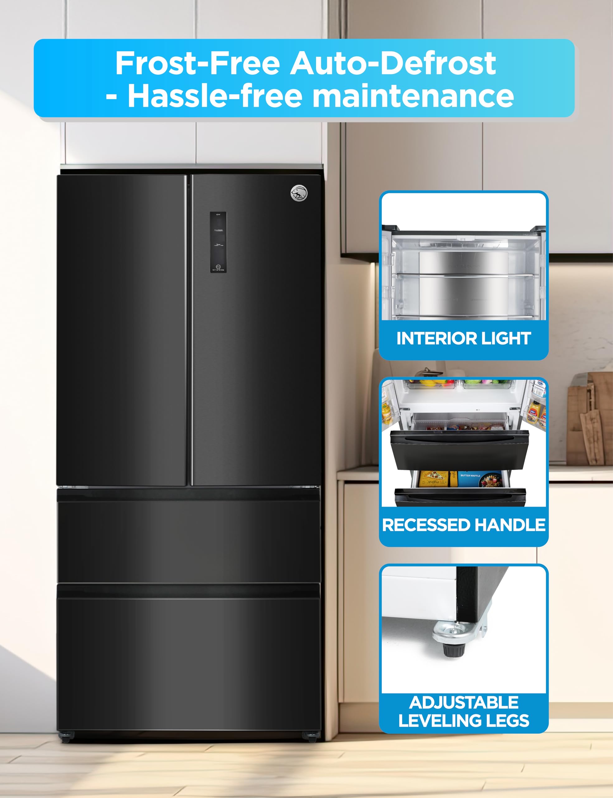Commercial Cool 18.9 Cu. Ft. French Door Refrigerator, 33 Inch Wide Refrigerator With 2 Bottom Mount Freezer Drawers, Frost Free, LED Lighting, Digita on Fridge.com - View 5