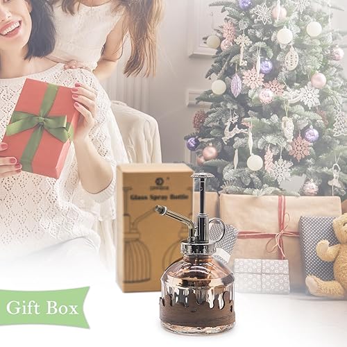 Miniatura 50 de OFFIDIX Mister de cristal para plantas, 6.3 pulgadas de alto, estilo vintage, de bronce, bomba superior de plástico con una mano, regadera