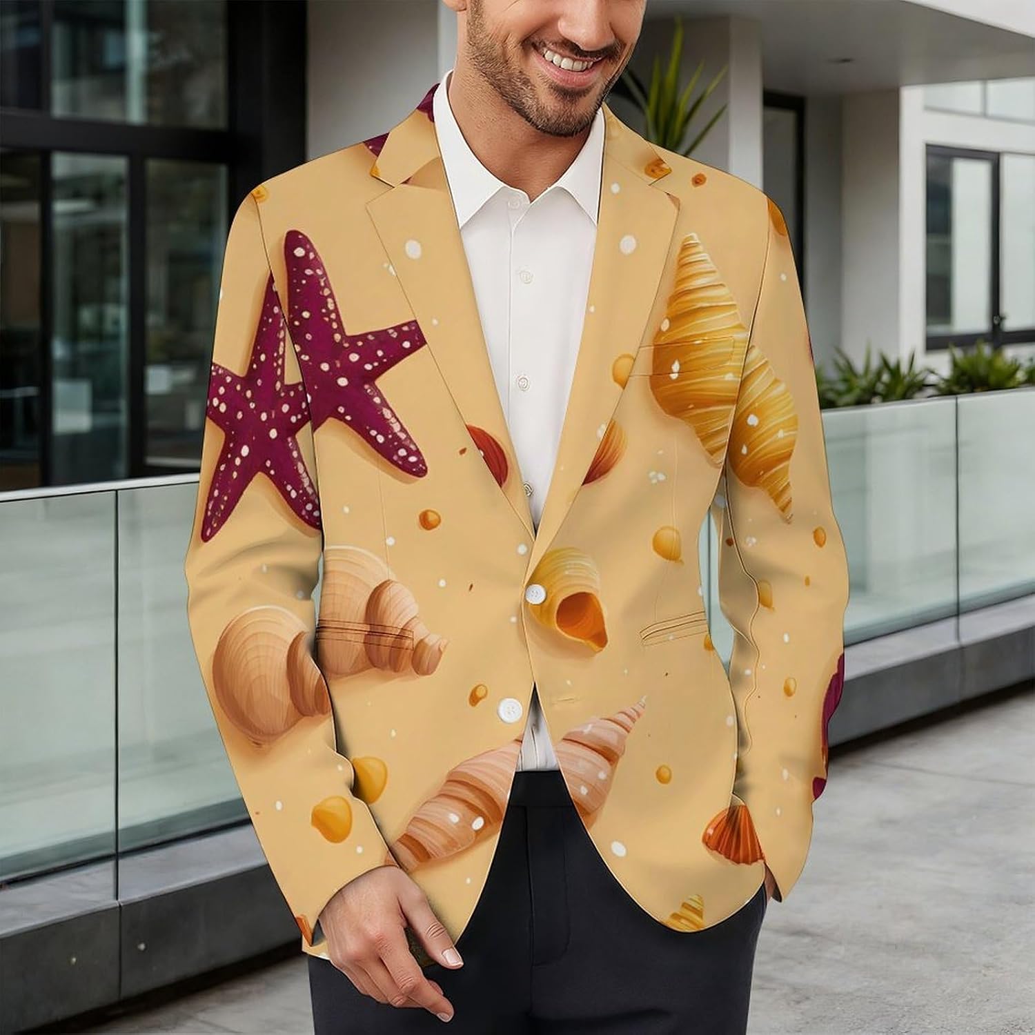 Coastal Seashells and Starfish Mens Casual Blazer Two Button Sport Coat Business Suit Jacket