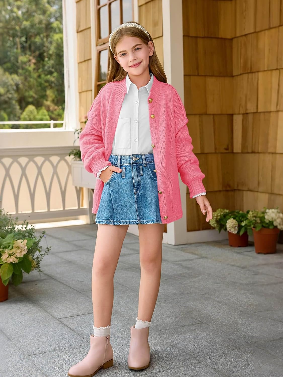 Haloumoning Girls Button Down Cardigan Mock Neck Lantern Long Sleeve Sweater Chunky Knit Outerwear Jacket 5-14Y - Image 4