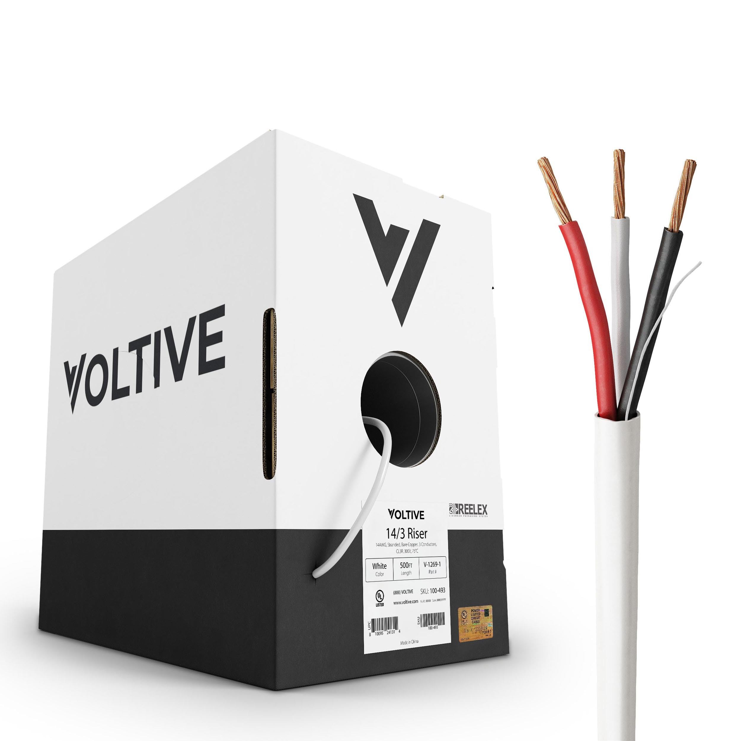 Voltive 14/3 Low Voltage Wire, 500ft, White - Stranded Bare Copper - UL Listed CL3R Rated - Alarm/Security, LED Lighting, Audio/Speakers