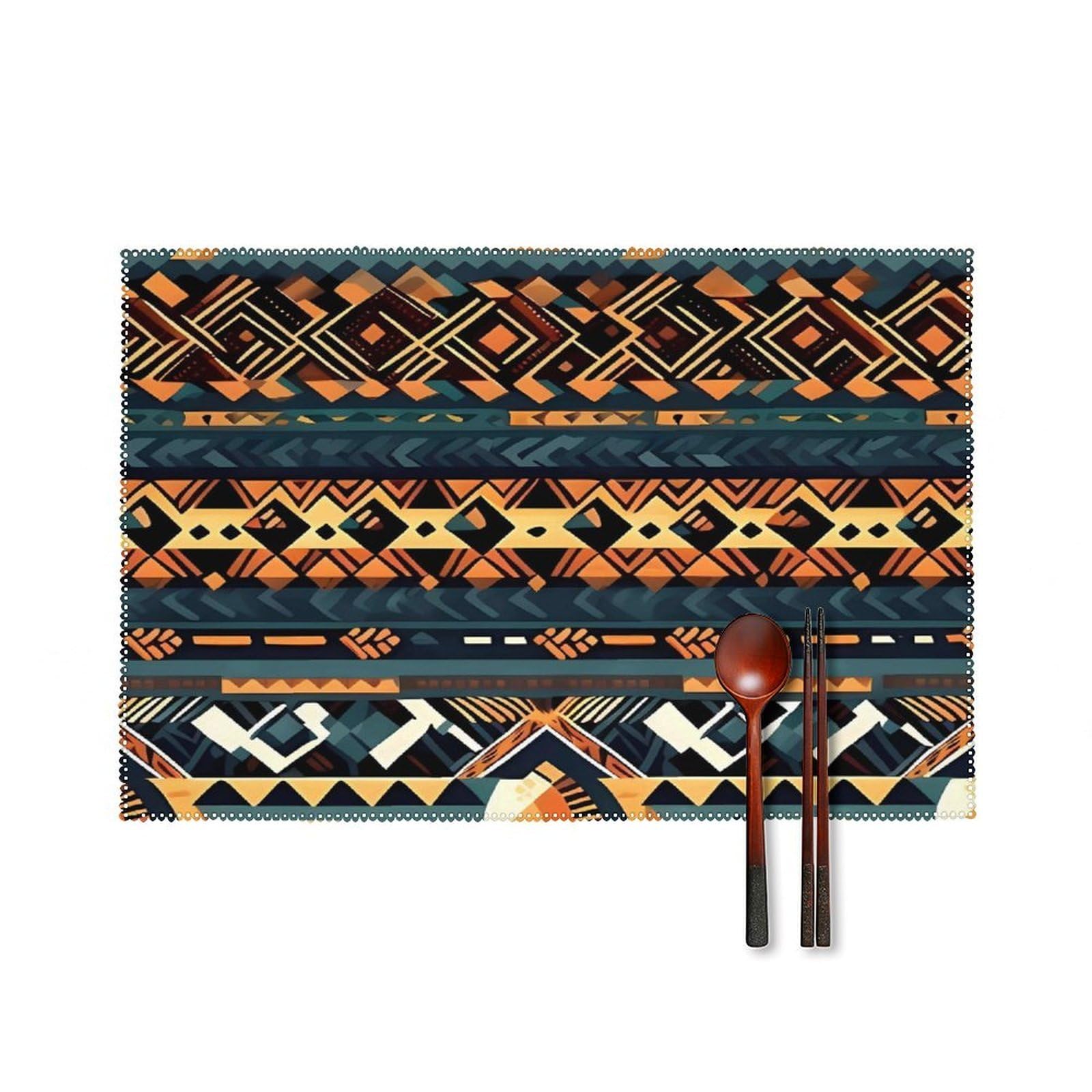 African Tribal Ethnic Texture Placemats Set of 6 Washable Farmhouse Dining Table Mat Non Slip Heat Resistant Non-Slip Place Mats Easy Clean Table Protective Placemats for Indoors & Outdoors