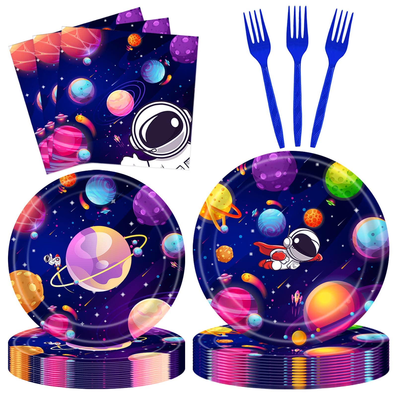 ExceforeSpace Birthday Party Supplies Decorations, Outer Space Theme Paper Plates and Napkins Set for 24 Guests, 96 Pcs Disposable Galaxy Party Dessert Dinnerware