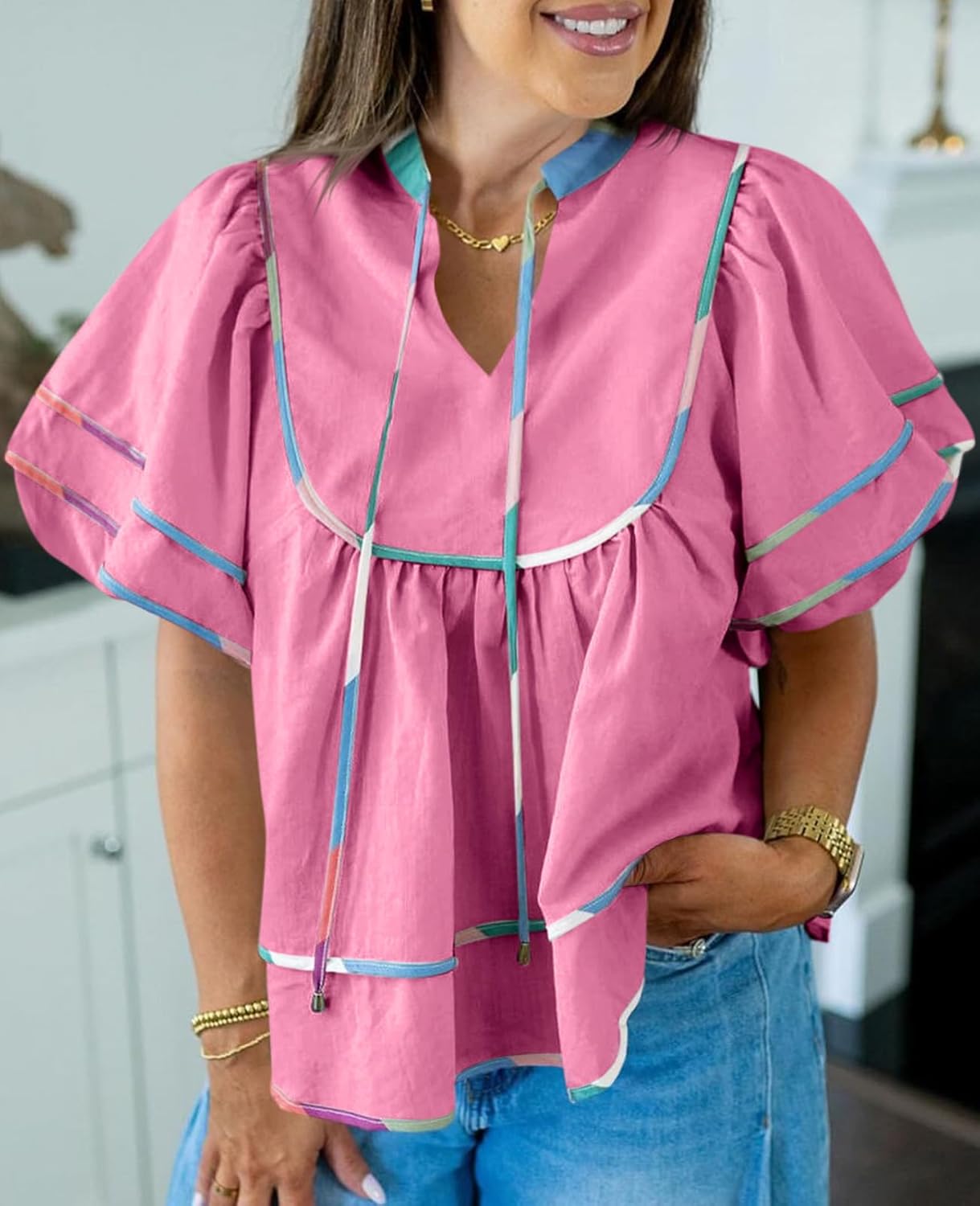 Cicy Bell Womens Summer Babydoll Tops V Neck Short Lantern Sleeve Shirts Cute Loose Fit Peplum Flowy Blouses - Image 3