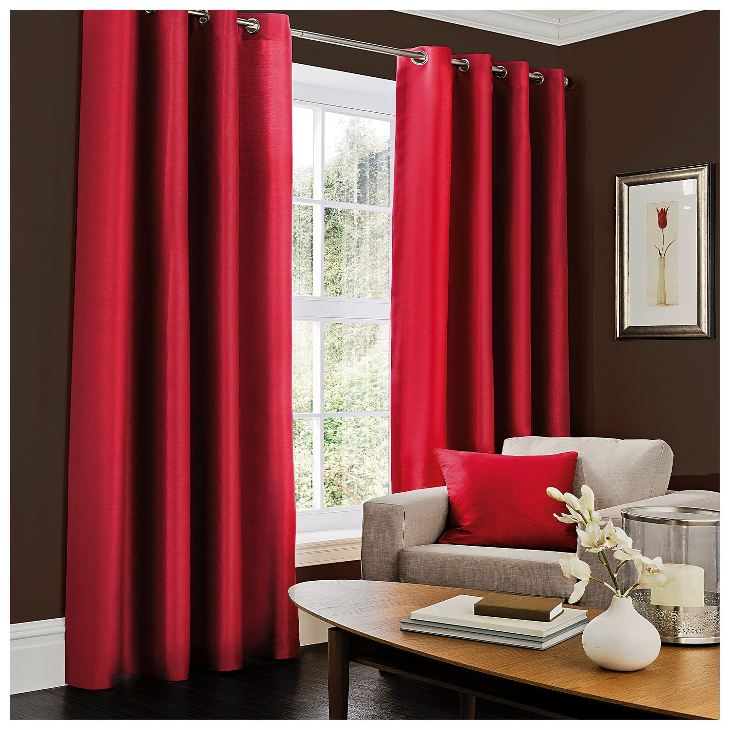Gaveno Cavailia Luxury Fully Lined Plain FAUX SILK EYELET CURTAINS With Tie Backs Deep Red 66x90 In