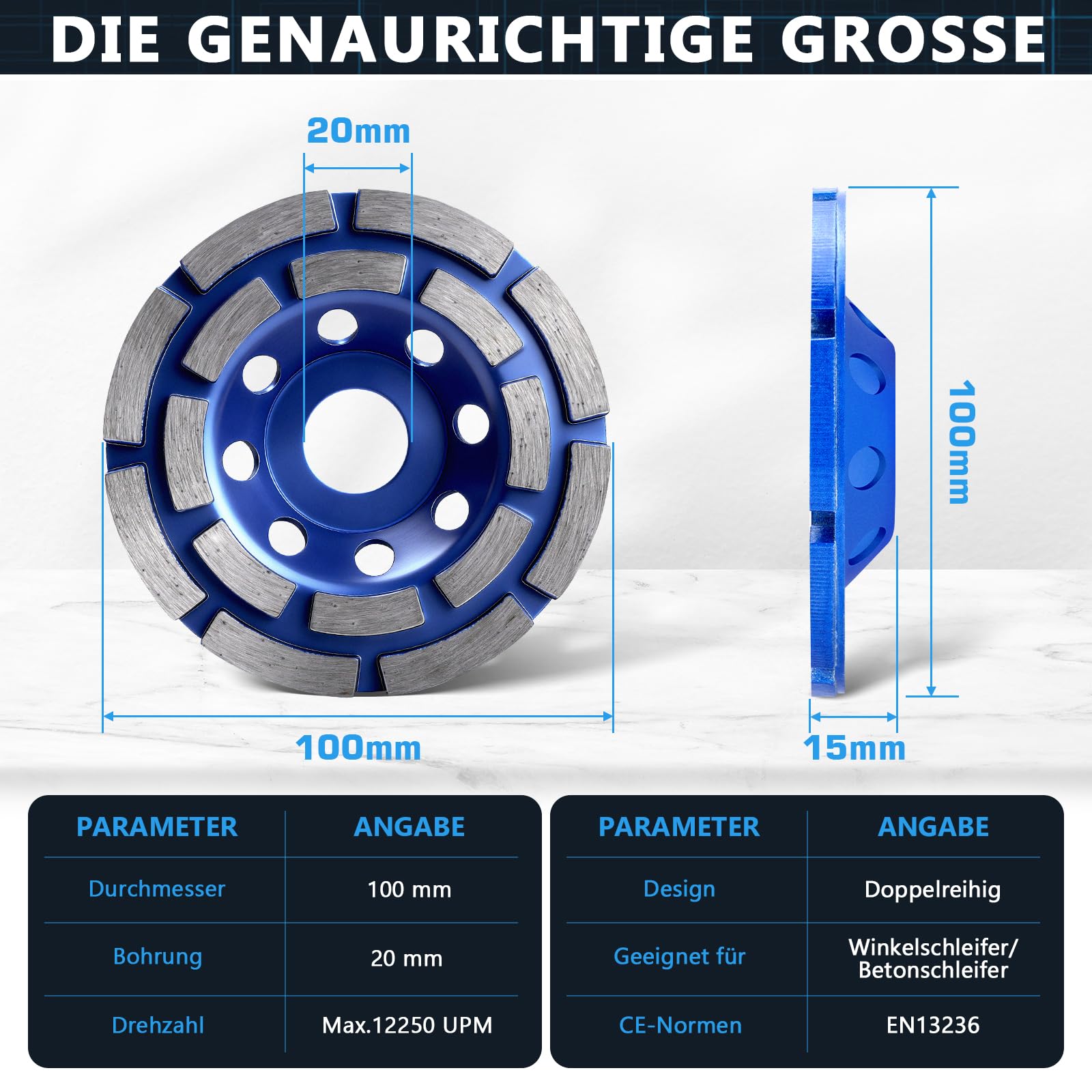 XIIW Lot de 2 Disque Diamant 100mm Alésage 20mm, Max. 12250 tr/min