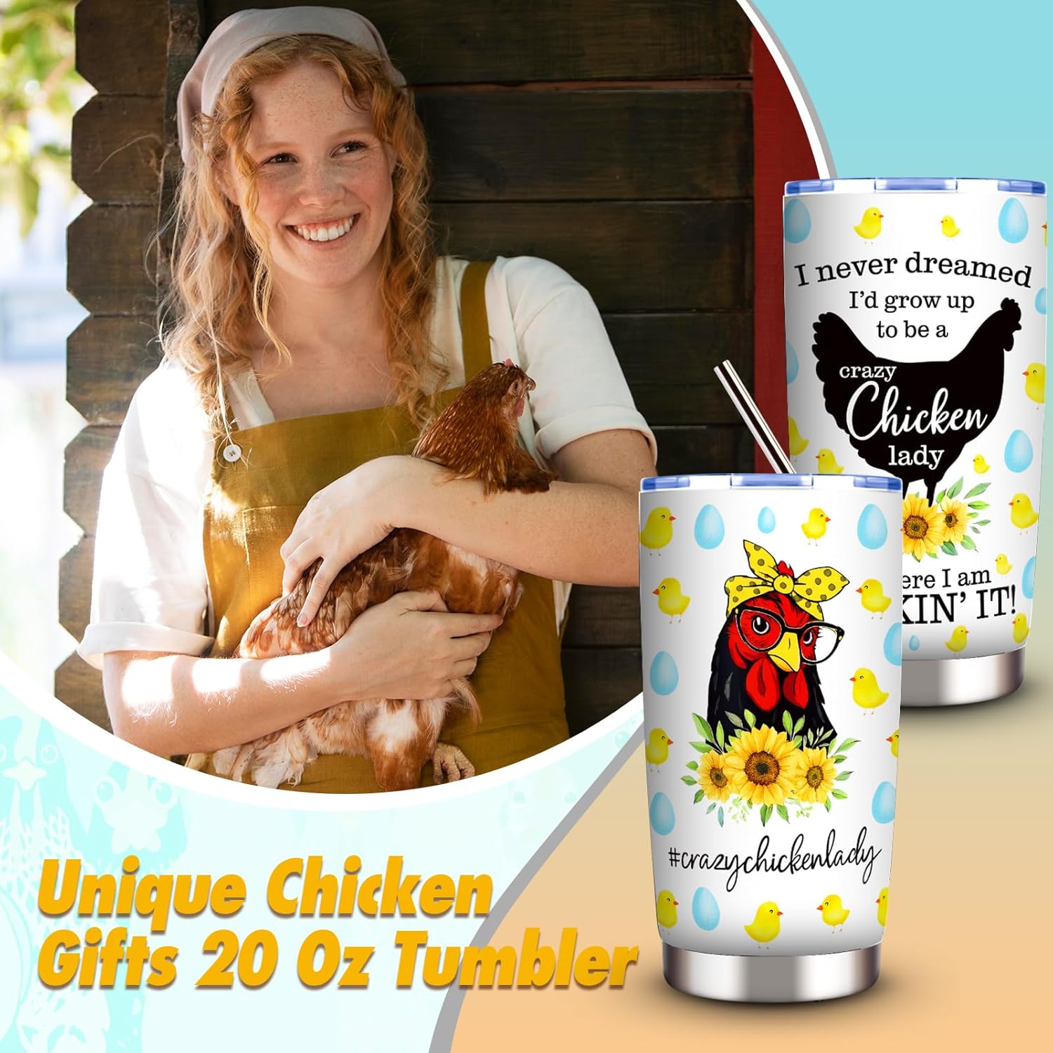 Chicken Gifts, Chicken Lover Gifts for Women, Funny Chicken Stuff with 20 Oz Tumbler Hat Socks Makeup Bag 2 Chicken Kitchen Towel Bracelet Keychain Earrings, Chicken Lady Birthday Chirstmas Gift - Image 4