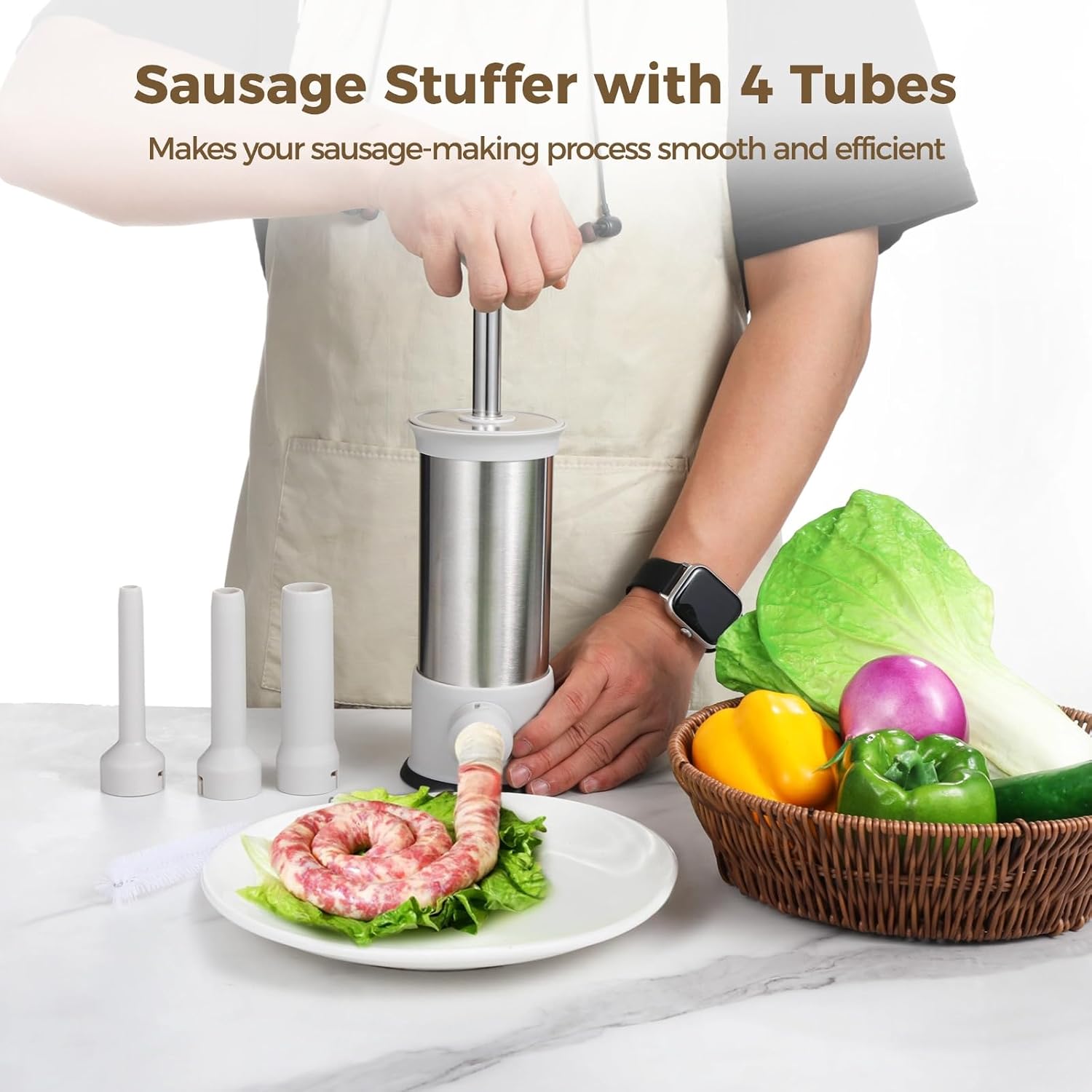 Sausage Stuffer with 4 Stuffing Tubes, 1.5 L Sausage Maker, Stainless Steel Manual Sausage Stuffer, Vertical Design, Includes Cleaning Brush for Homemade Sausage, Easy to Use