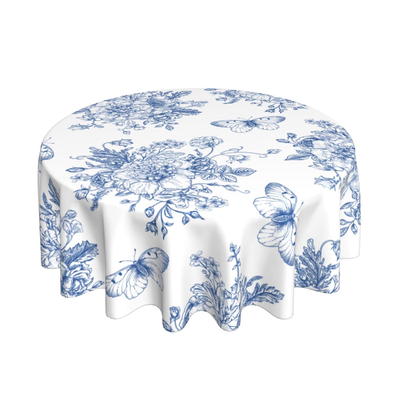 Blue Butterfly Floral Round Tablecloth 60 Inch, Farmhouse Rustic Round Table Cloth Spring Summer Tablecloth, Flower Table Cover for Home Party Kitchen Picnic