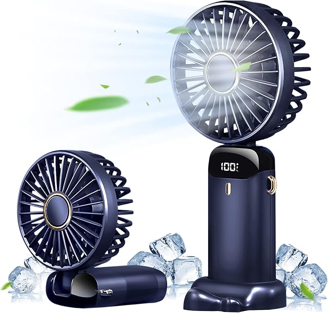 Portable Fan,Handheld Fan Personal Fan 5000mAh Rechargeable with 5 Speeds, Battery Operated Mini Fan with LED Display, 11-21Hs Desk Fan Working Time for Office Bedroom Outdoor Travel Camping-Dark Blue