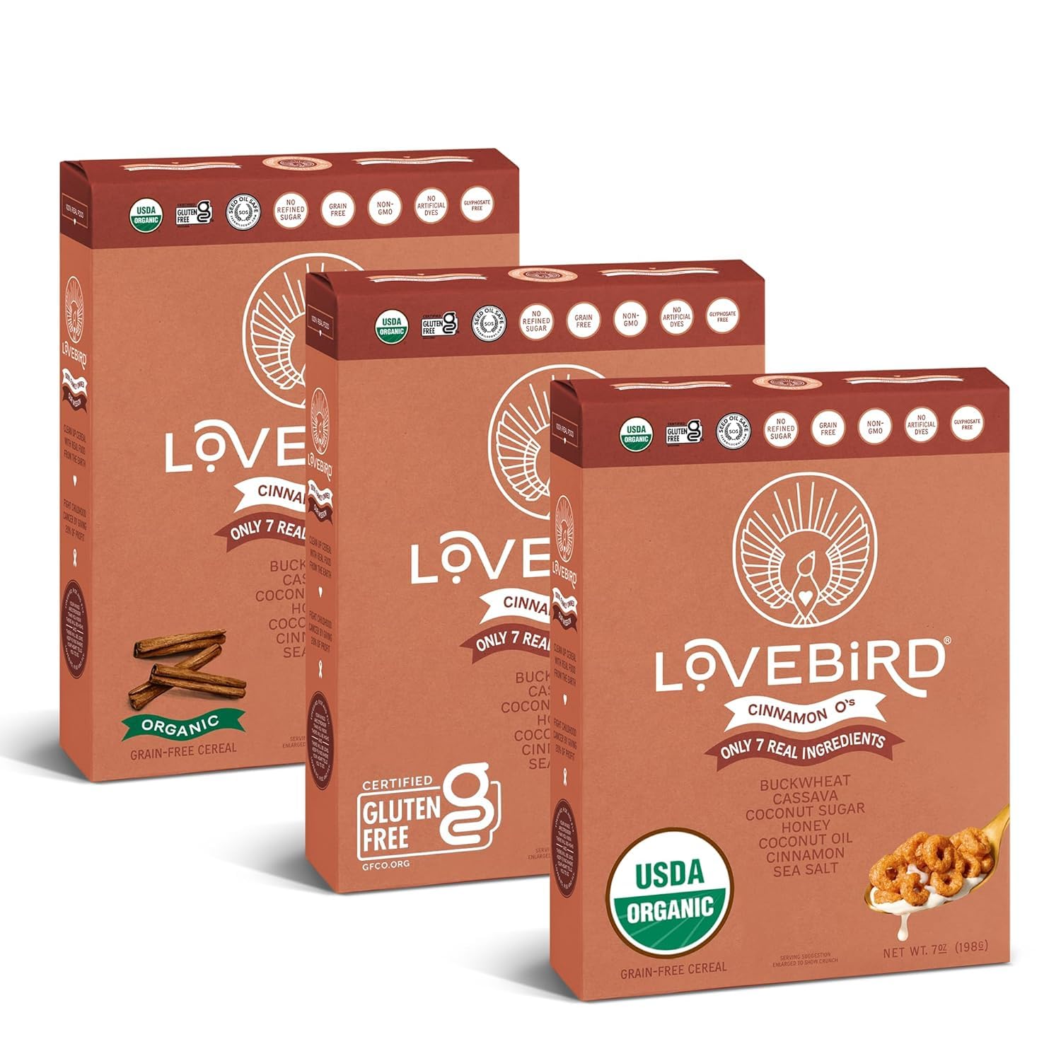 Lovebird Healthy Cereal That Actually Tastes Good - Organic & 100% Real Food, No Refined Sugar & Gluten Free Cereal, Paleo, Keto Friendly Healthy Snacks for Kids, Adults - [Cinnamon] [3-Pack]USDA Organic