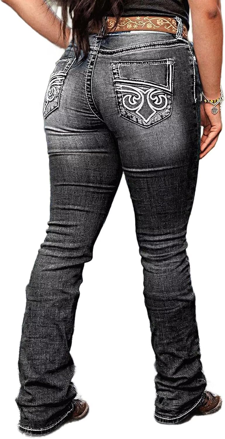 Flamingals Boot Cut Jeans for Women Trendy Stretch Jeans Butt Lifting Tummy Control Denim Pants Sea Blue 2XL