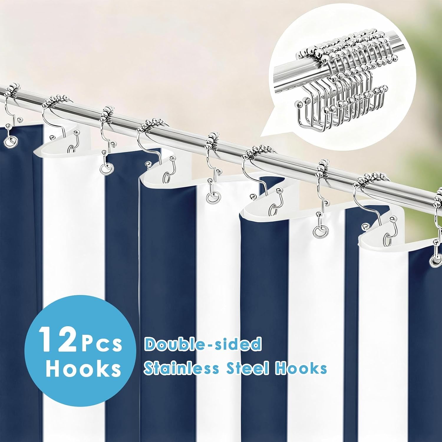 Shower Curtain and Liner Set, Navy Blue and White Abstract Stripes Shower Curtain and Liner with Double-Sided Stainless Steel Hooks, 3-in-1 Waterproof Fabric for Bathroom, 72x72 Inch