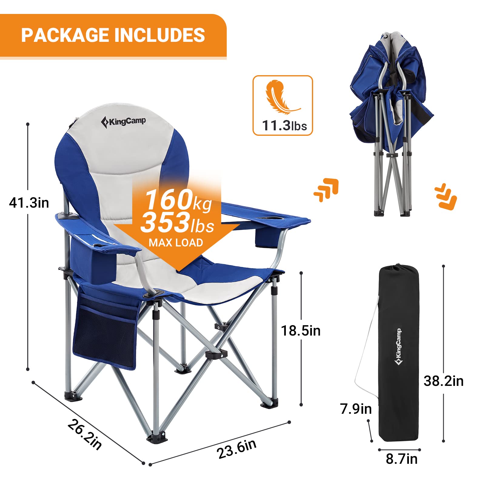 KingCamp Camping Folding Chair Outdoor Lawn Oversized Chairs for Outside Portable Padded Backrest Camp Chair for Heavy Duty Adults with Cooler Bag Side Pocket Supports 353 lbs(Navy/Grey)