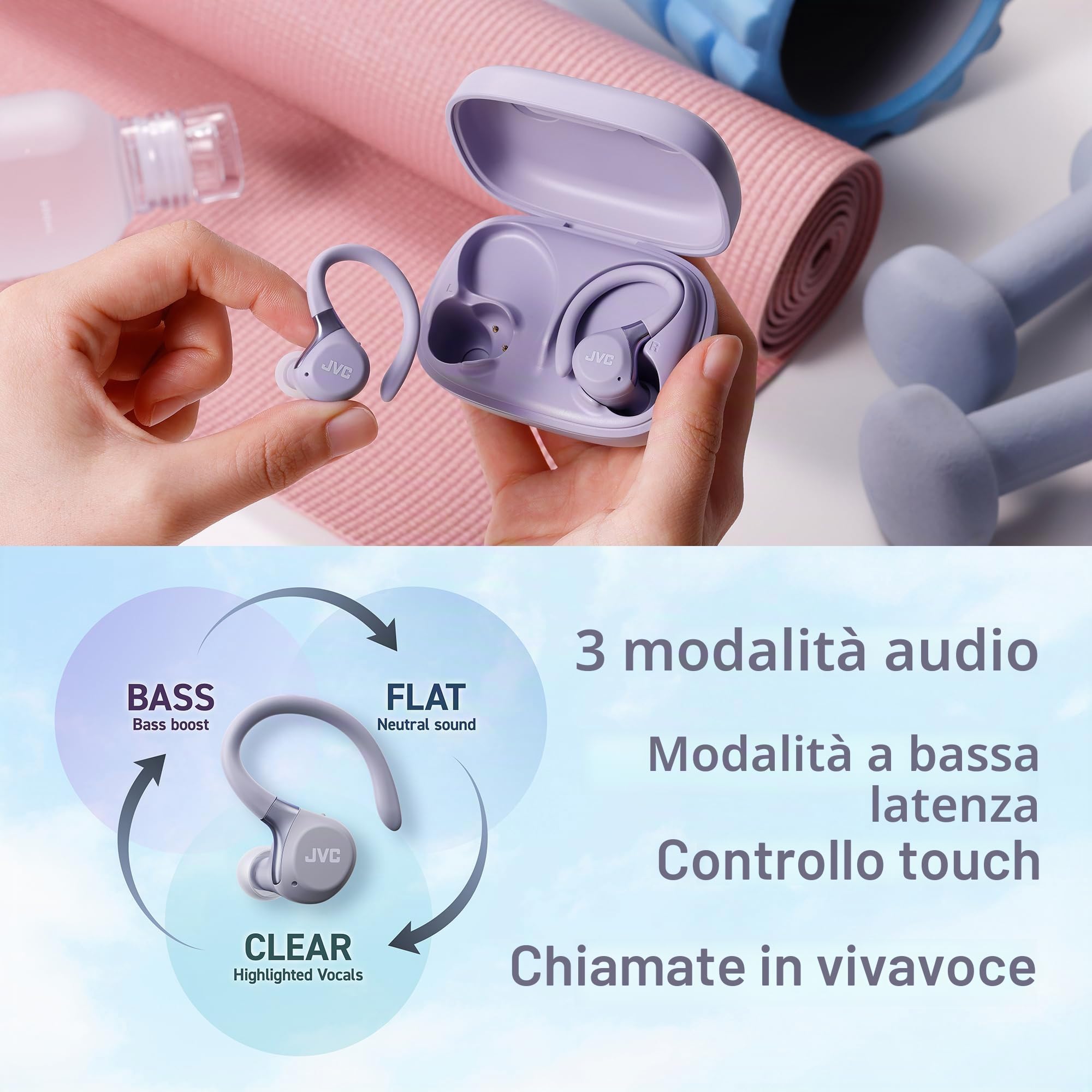 JVC HA-EC75T-V True Wireless Sport Earbuds con ganci regolabili, ANC, Modalità Ambient, IP57 impermeabili, 40h autonomia, EQ via app, bassa latenza e microfono integrato – Viola