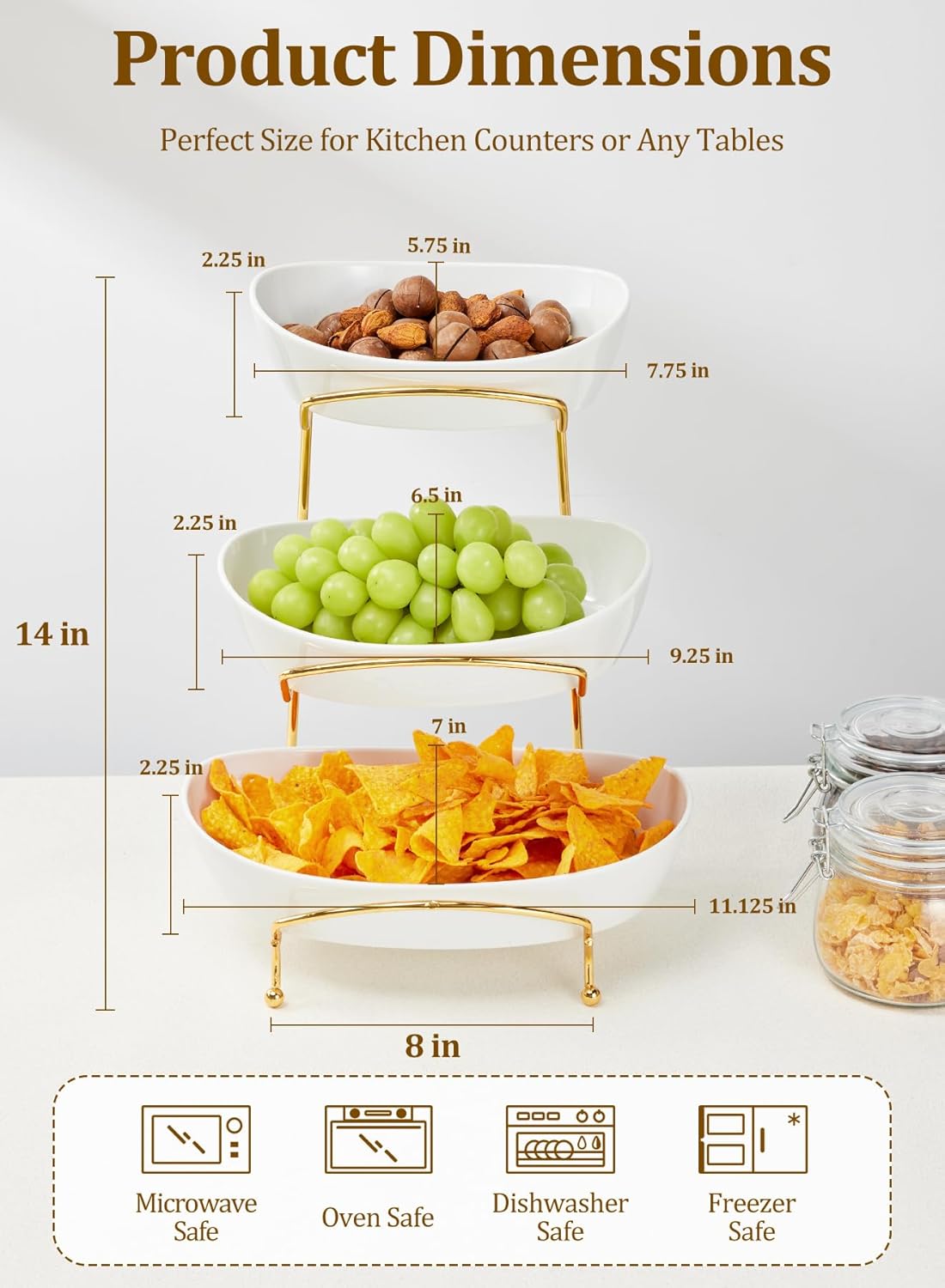 Yedio Fruit Bowls for Kitchen Counter, 3 Tier Ceramic Fruit Basket with Serving Bowls Metal Stand, Tiered White Porcelain Bowls for Fruit Vegetable Storage, Snack, Nuts, Cake, Dessert
