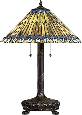 Robert Louis Tiffany Traditional Tiffany Style Table Lamp 26" High Antique Sculptural Dark Bronze Peacock Antique Art Glass Shade for Living Room Bedroom House Bedside Nightstand Cottage Core Decor
