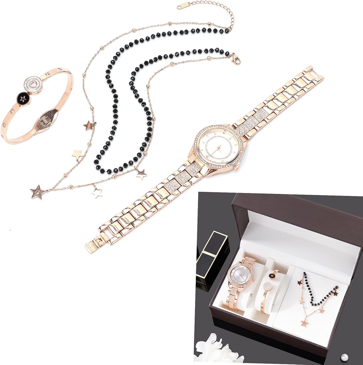 TANIQIACA Elegant Watch Jewelry Set for Women, Hypoallergenic Alloy Material, Luxurious Idea for Special Occasions, Includes Watch Bracelet and Necklace, outstanding for Anniversary Bi