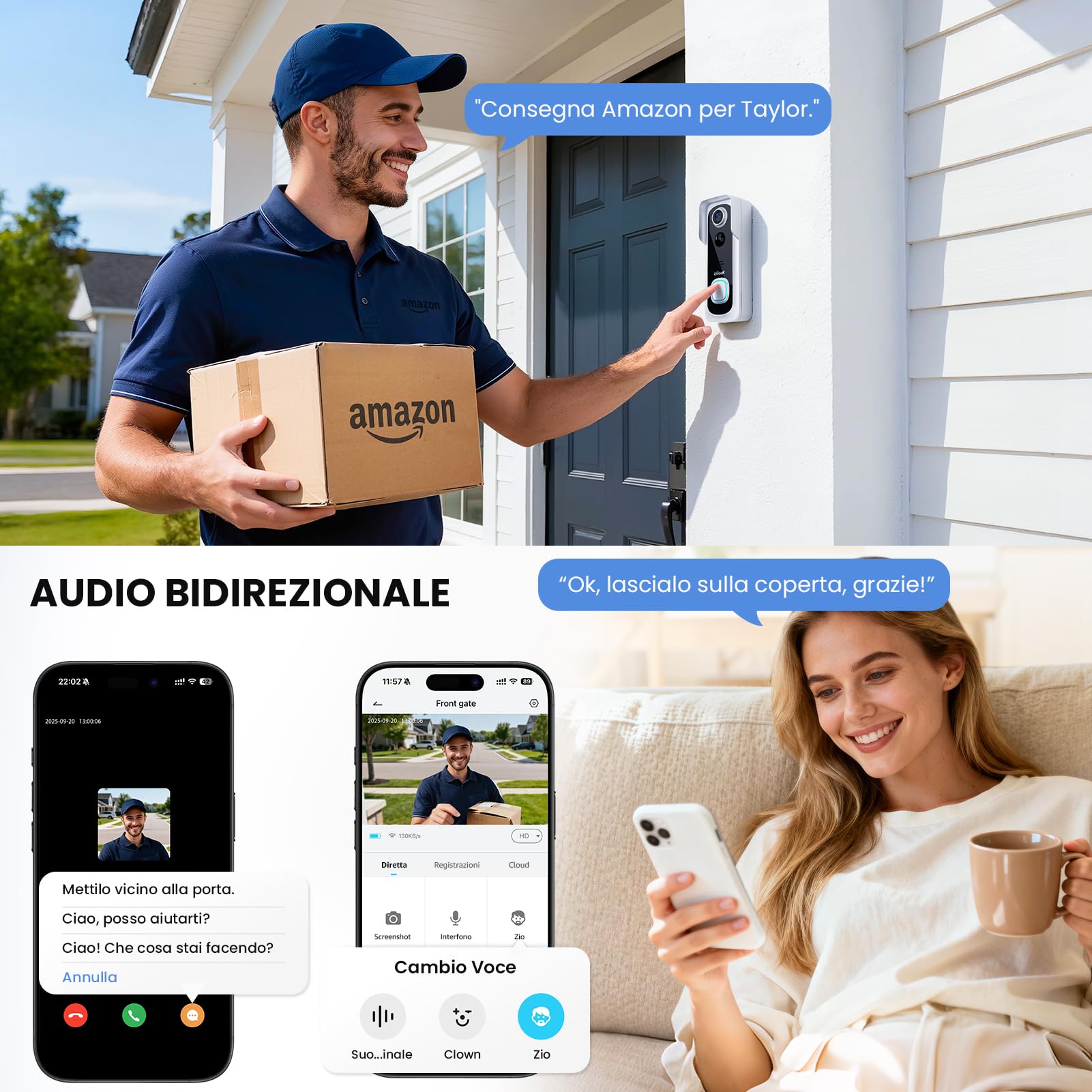 ieGeek Videocitofono Wifi 2K con IP66 Impermeabile, Videocitofono Senza Fili con Visione Notturna, Batteria Ricaricabile, Rilevamento Intelligente, per Casa o Azienda, Alexa Compatibile (Bianco)