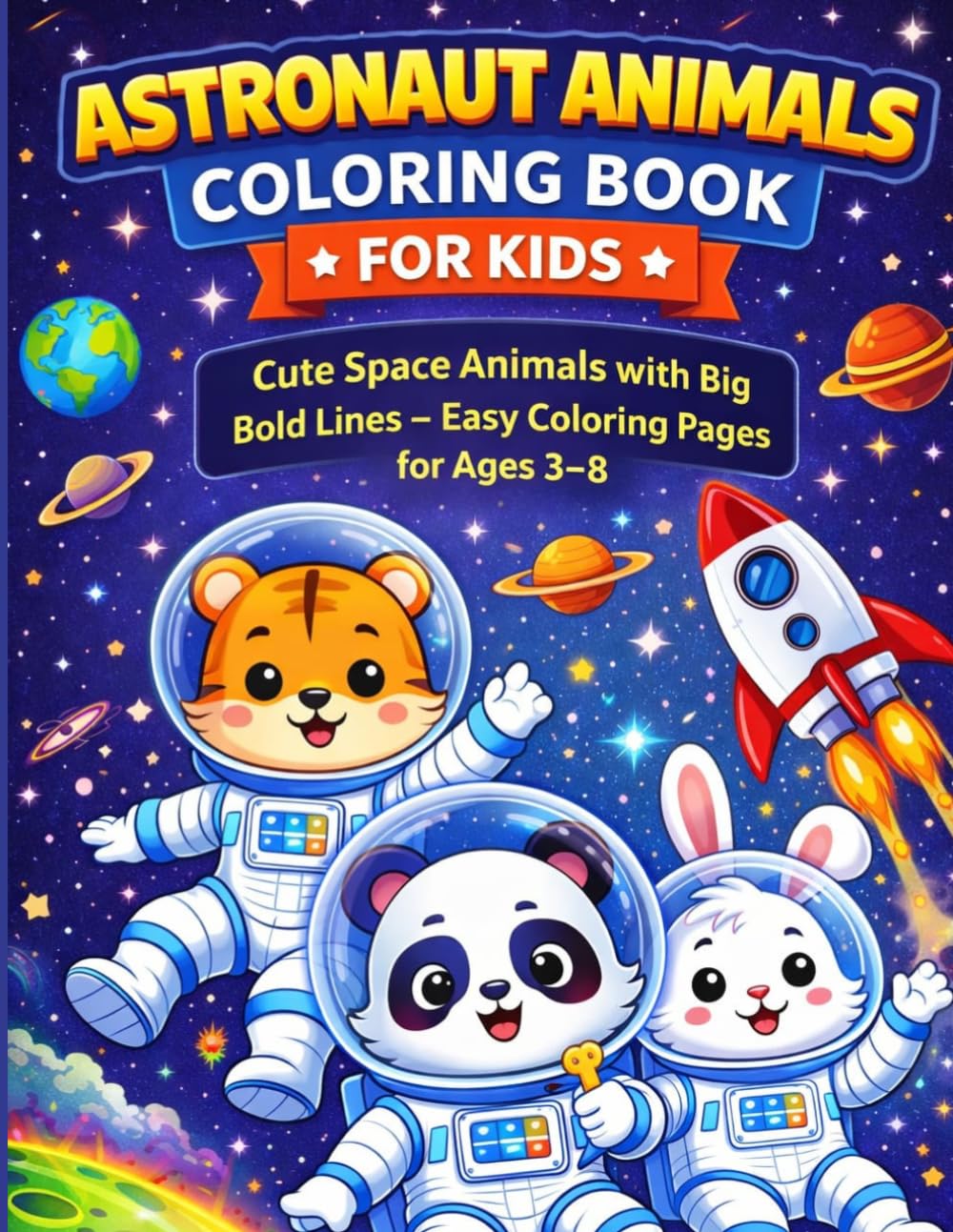 Astronaut Animals Coloring Book for Kids: Cute Space Animals with Big Bold Lines – Easy Coloring Pages for Ages 3–8