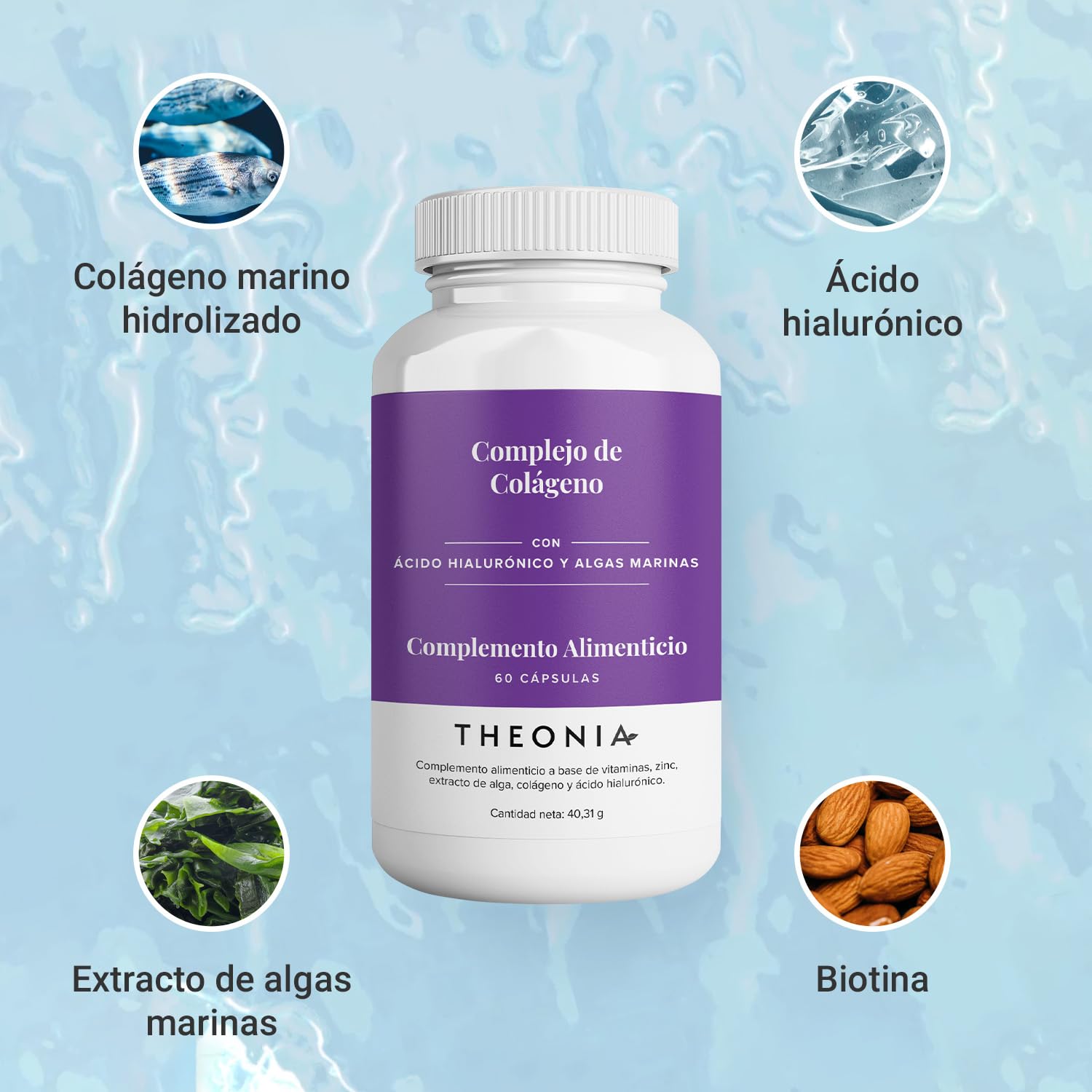Complejo de colágeno de Theonia - Ácido hialurónico y algas marinas - Favorece la salud de las uñas, la piel, el cabello, las articulaciones y el metabolismo - Sin OGM, 60 cápsulas