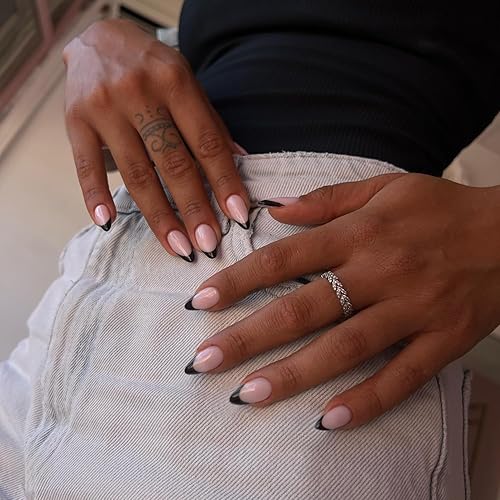 30 Uñas Postizas de Punta Francesa Negra a Presión, Uñas de Almendra Cortas para Presionar, Uñas Postizas Cortas en Forma de Almendra, Uñas
