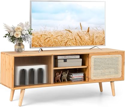 COSTWAY TV Stand for TVs up to 55"/65", Bamboo TV Cabinet Media Entertainment Center with Sliding Rattan & Glass Doors, Adjustable Shelf, Living Room Bedroom TV Unit Console Table 120cm for 55" TVs