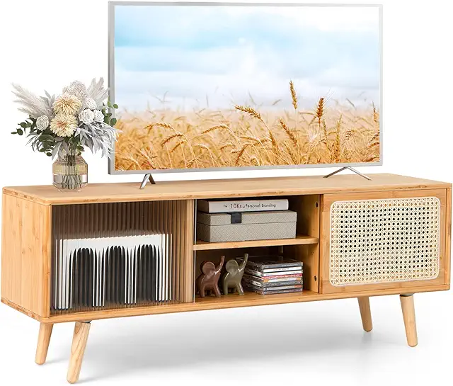 Bamboo TV Bench with Rattan & Glass Doors - Mid-Century TV Cabinet for 55" TVs