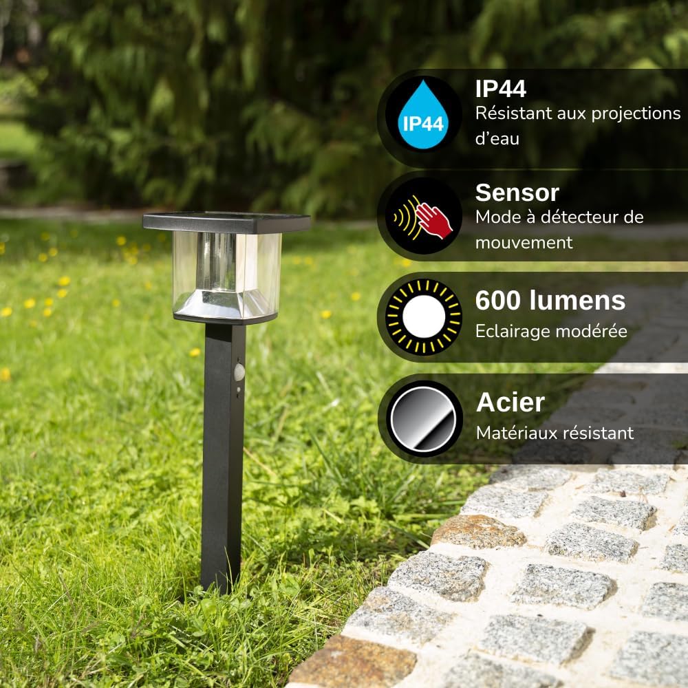 Xanlite SO1811N Solar Bollard with feature icons: IP44, Sensor, 600 lumens, Steel material
