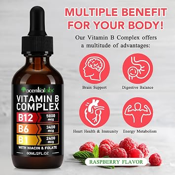Vitamin B12 Liquid Drops with B12 5000mcg, B6, B1, Niacin & Folate | Raspberry Flavour Sublingual Vitamin B Complex Drops | Vegan, Non-GMO, Gluten Free | Energy & Nervous System Support | 60ml-2 Pack