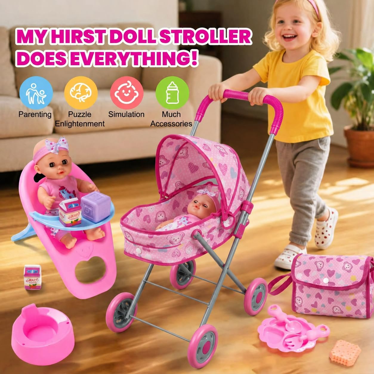 Set De Cochecito Y Silla Para Muñecas | 28 Piezas | Ropa Extraíble | Regalo Para Niñas 3+ | Juego De Roles