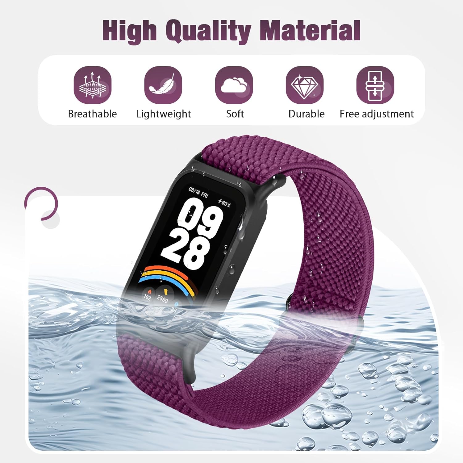 2 Pack Elastic Bands Compatible with Xiaomi Smart Band 9 Active Women Men, Soft Nylon Replacement Sport Wriststrap for Redmi Band 3 Black+Purple image 4 of 7 B0FCSCMP6C