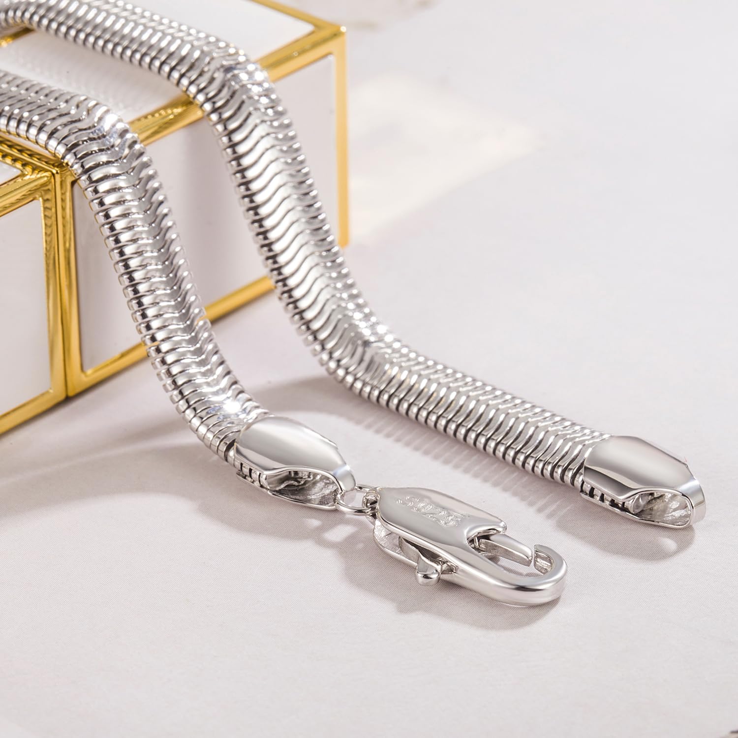 Dankadi Collana a spina di pesce a forma di serpente, larga, 6 mm, 8 mm, in 925, in argento, per uomo e donna, catena piatta a girocollo 41 – 76 cm, maglia serpentina dorata, 16 – 30 pollici, regalo
