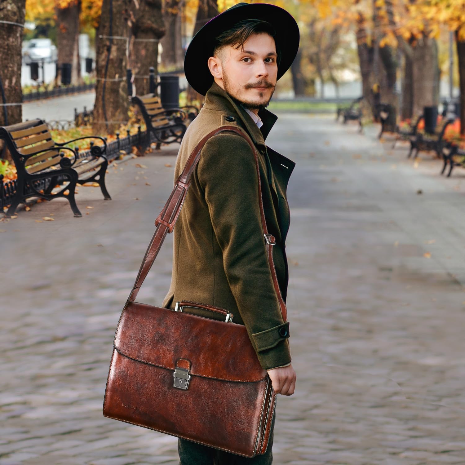 Banuce Vintage Full Grain Italian Leather Briefcase for Men 15.6 Inch Lawyer Briefcase with Lock Legal Attorney Bag with Luggage Strap Gradient Brown - Image 3