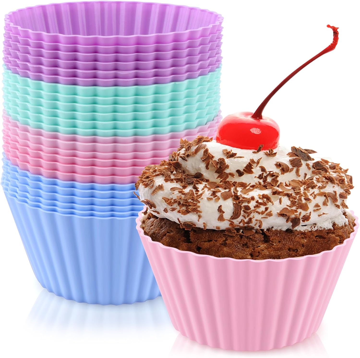 24 Pack Silicone Baking Cups Round Reusable Nonstick Cupcake Liners Food Grade BPA Free Multicolor Mini Cake Molds for Muffins and Bento Box Accessories Standard Size Baking Cup Liners
