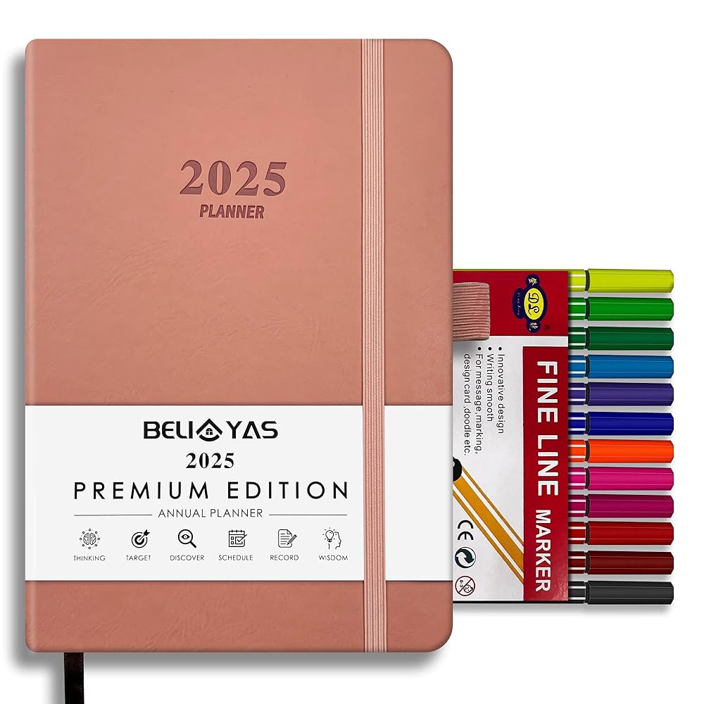 Agenda 2025 BELIAYAS A5 - Copertina Rigida, Elastico, 12 Penne, Rosa