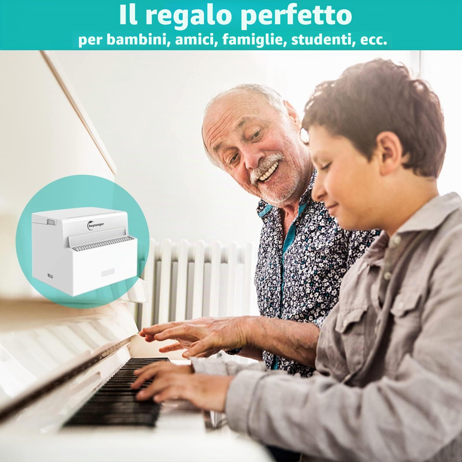 Buyounger Mini Stampante – Stampante Termica Portatile per Smartphone, Bluetooth Mini Stampante Fotografica e per Adesivi, Regalo Creativo per Studenti, Studio, Ufficio & Casa (Carta Termica Inclusa)