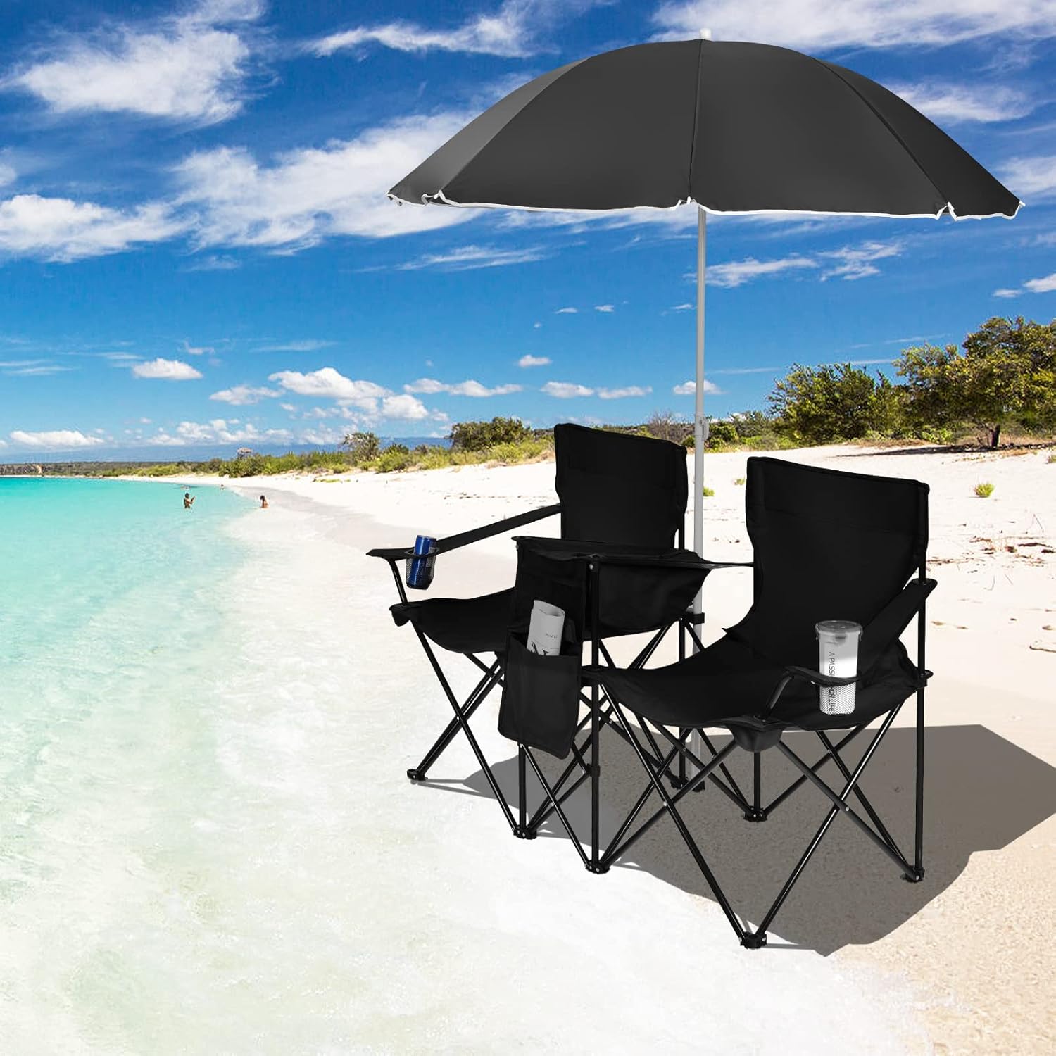 KOTEK Double Camping Chair, Folding Camp Chair with Removable Umbrella, Cup Holders, Cooler Bag, Side Pocket & Carry Bag, 2-Person Beach Chair for Outdoor, Sports, Concerts, Travel, Picnic (Black)