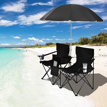 Goplus Double Camping Chair with Umbrella, Folding Loveseat Chairs w/Canopy Shade, Carrying Bag, Table, Cup Holder, Portable Beach Chairs Outdoor Picnic Patio (Black)