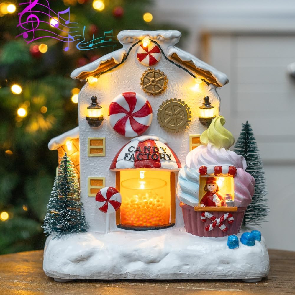 TIJNNChristmas Village Statues - Battery or USB Powered Candy Factory Buildings & Houses Decorations