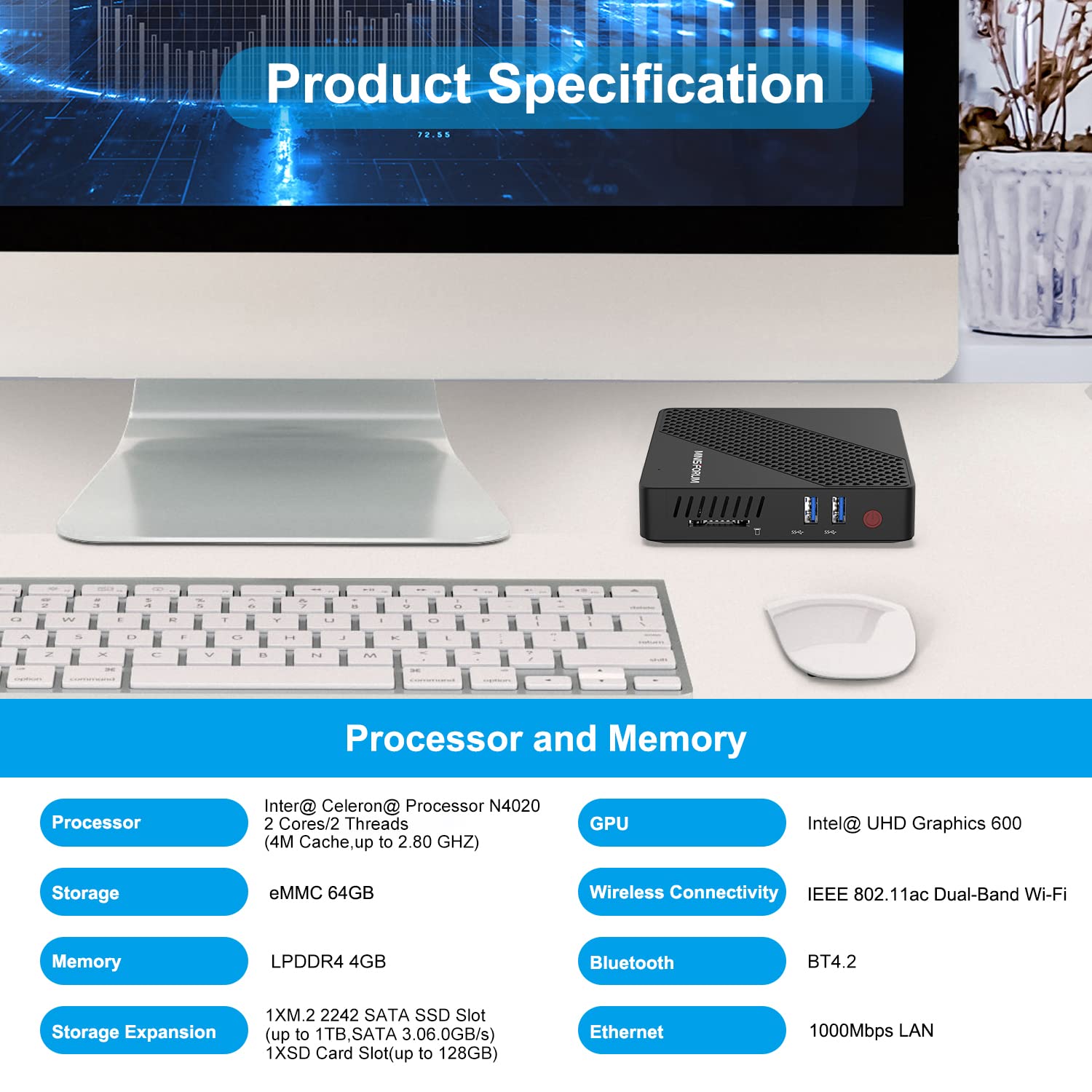 MINISFORUM Mini PC Fanless 4GB DDR4/64GB eMMC Procesador Intel Celoren N4020 Mini computadora de Escritorio,Puerto HDMI y VGA,WiFi de Doble Banda 2.4+5.0G,BT,USB 3.0 * 3 — view 6