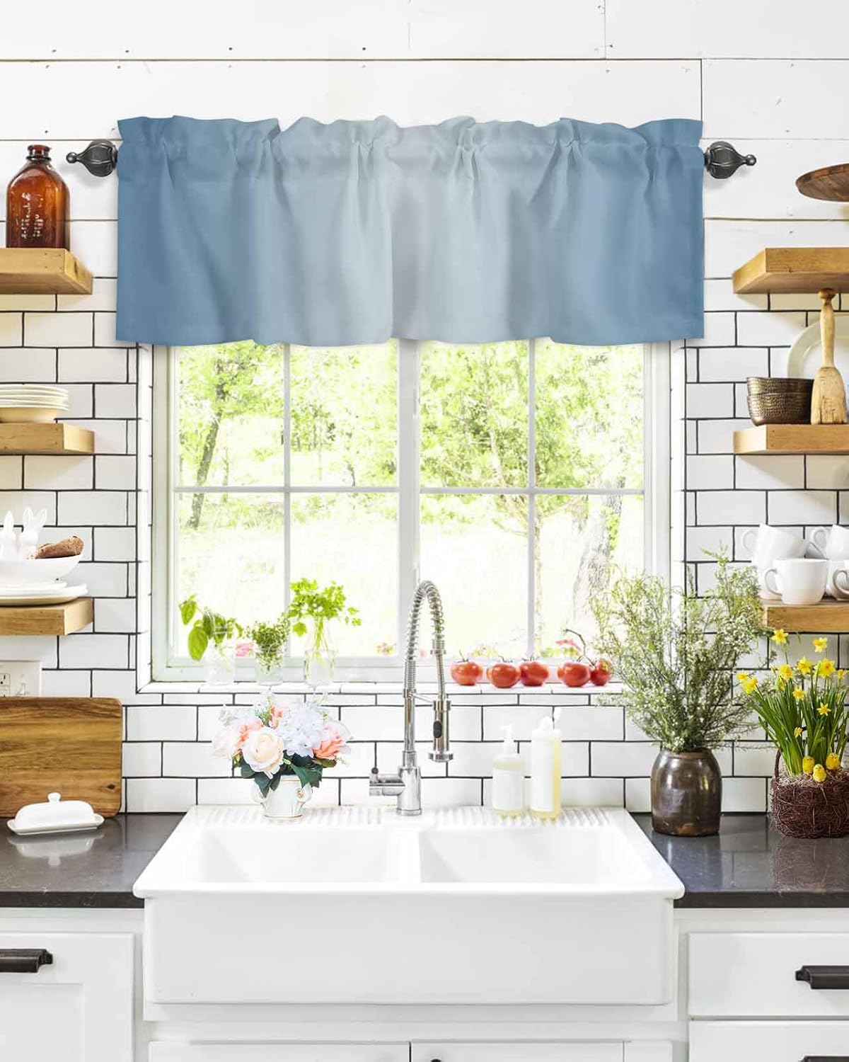 T&H XHome Haze Blue Ombre Valance Curtains for Kitchen Window Above Sink 60x18 Inch,Solid Color Gradient Blue Rod Pocket Short Curtain for Living Room Abstract Valances for Windows/Bathroom/Bedroom