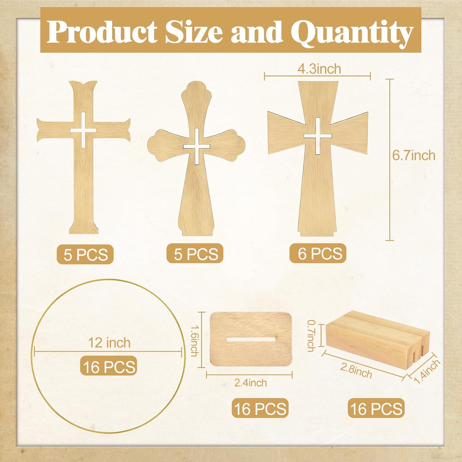 Mototo 48 Pcs Standing Wooden Cross Baptism Centerpieces Decor 16 Wooden Cross with Base 16 Gold Metal Floral Hoop with Wooden Stand Baptism Centerpiece Table Decor for Wedding Event Home Table