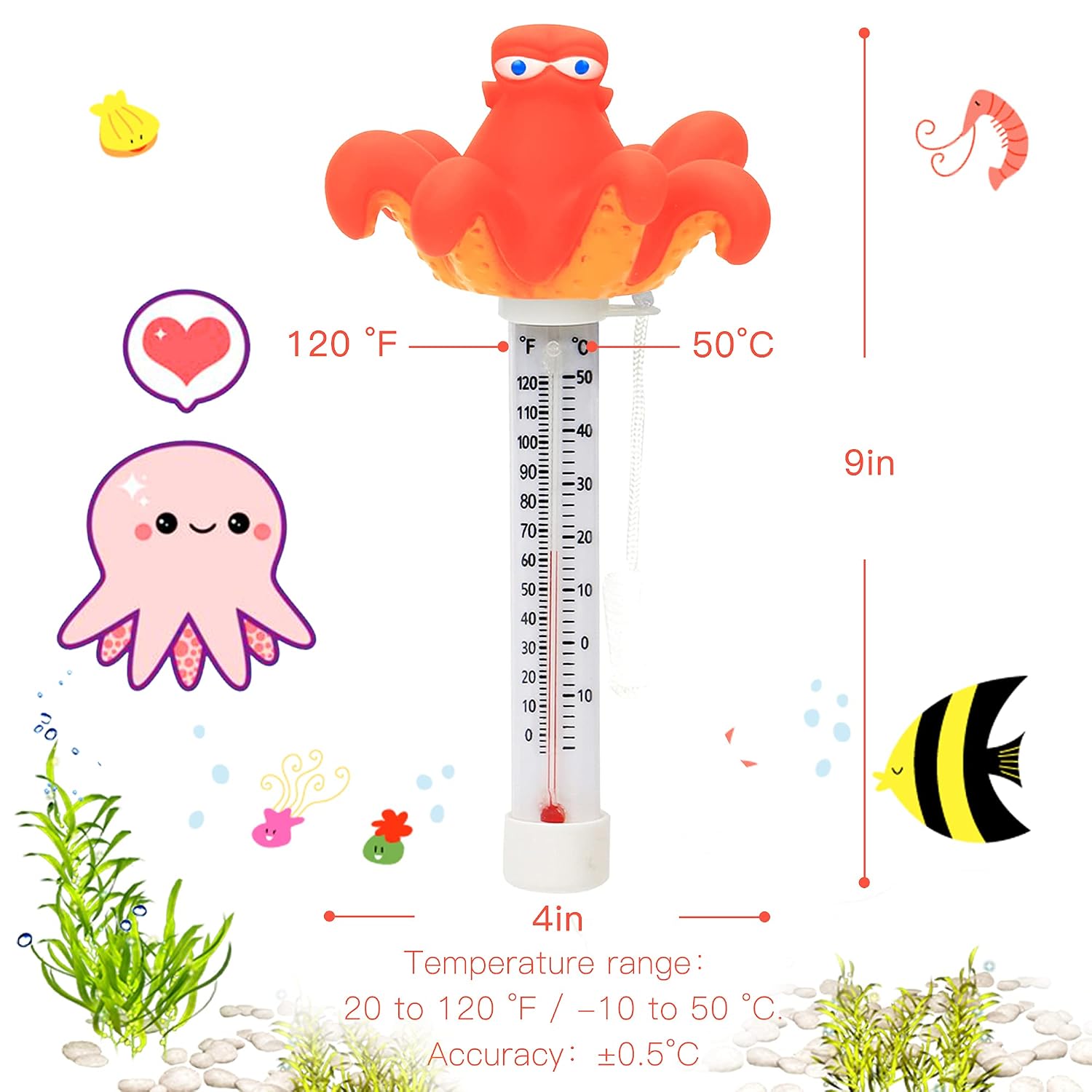 XY-WQ Floating Pool Thermometer, Large Size Easy Read for Water Temperature with String for Outdoor and Indoor Swimming Pools and Spas (Octopus)